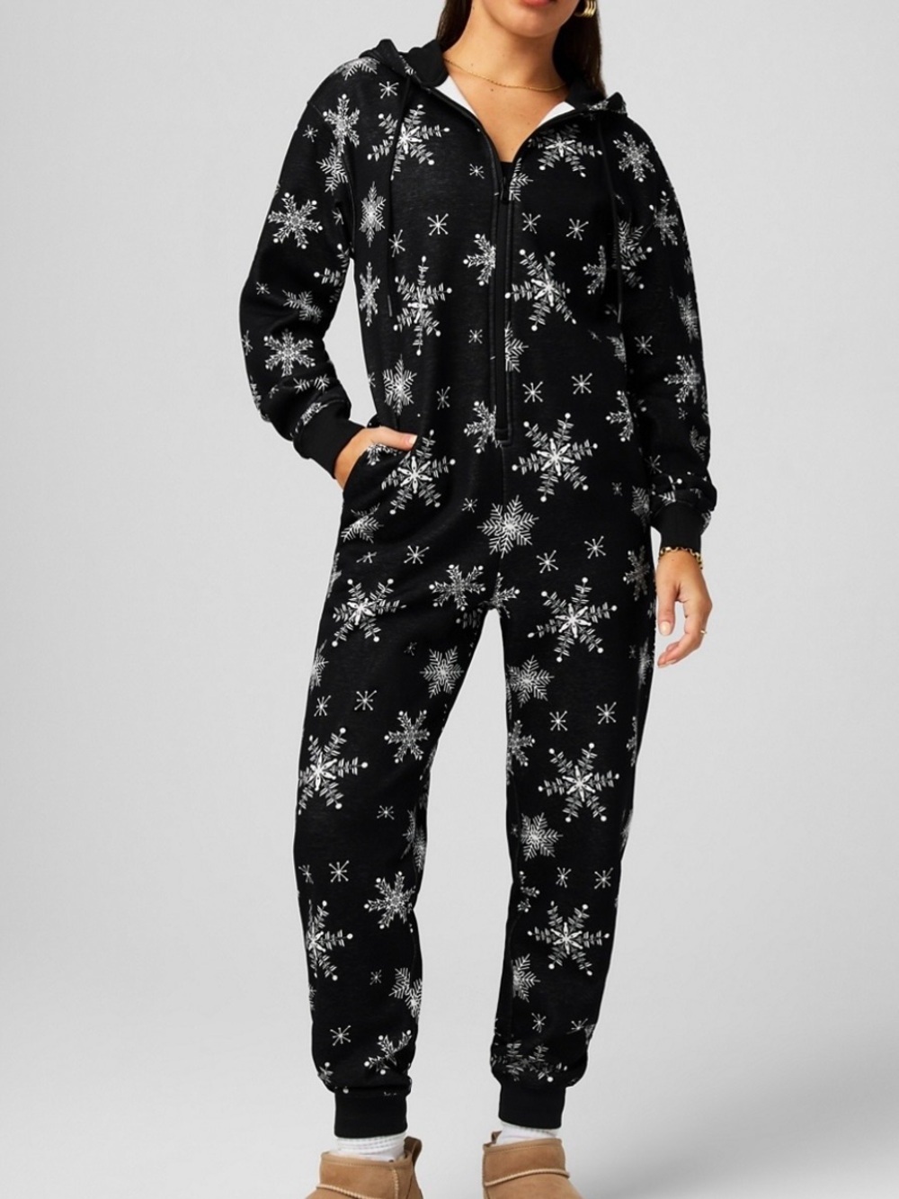 Fabletics Cozy Fleece One Piece Lounge Pajama Black Snowflakes